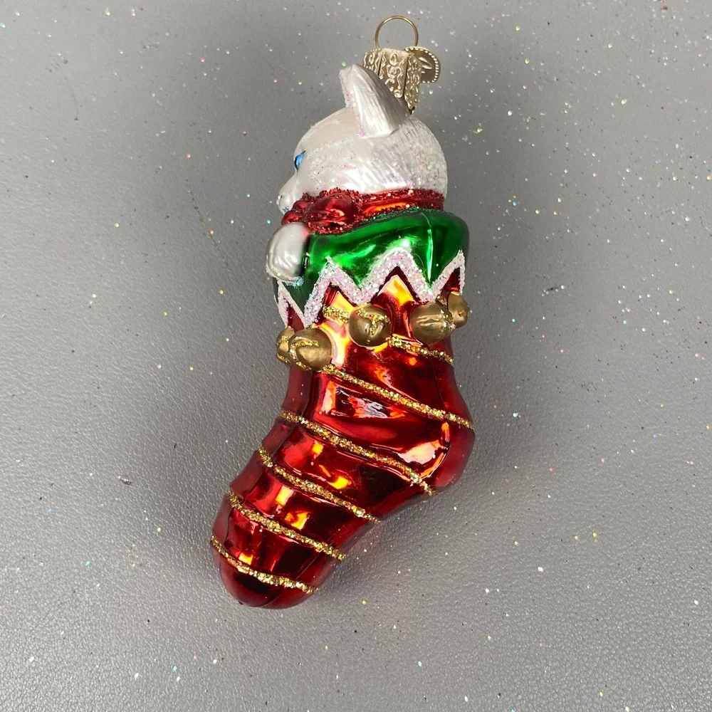 Old World Christmas Kitten in Stocking Glass Ornament White Cat Red 12154